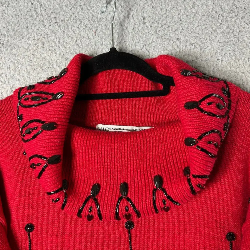 Vintage Victoria Jones Sweater Women S Red Oversized Long Sleeve Pullover Beaded